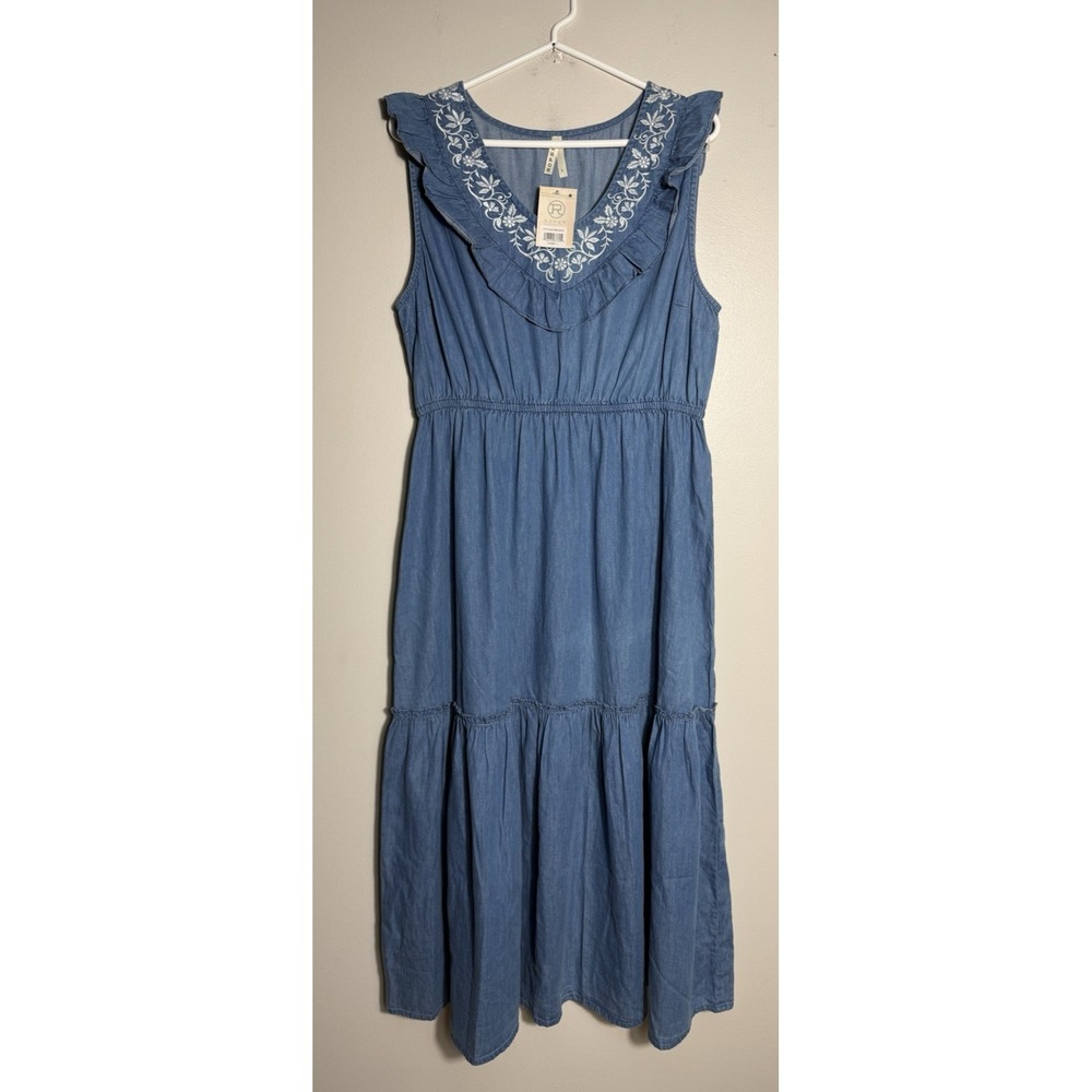 NEW ROPER Embroidered V Neck Tiered Denim Maxi Dress Womens Large Western